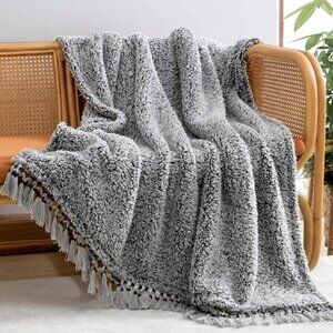 Warm Sherpa Tassel Fringe Blanket for Bed/Couch